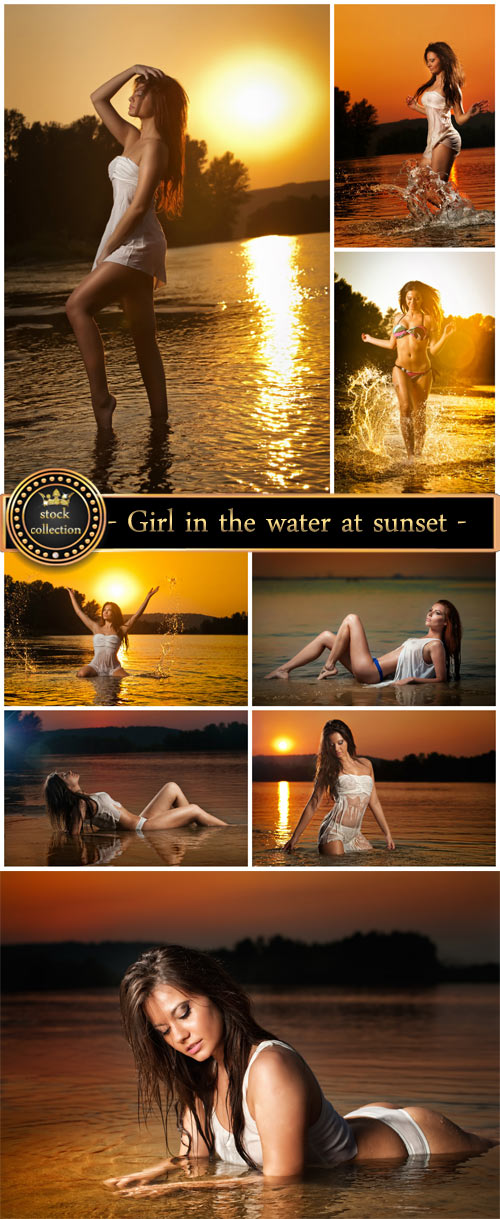 Girl in the water at sunset - stock photos