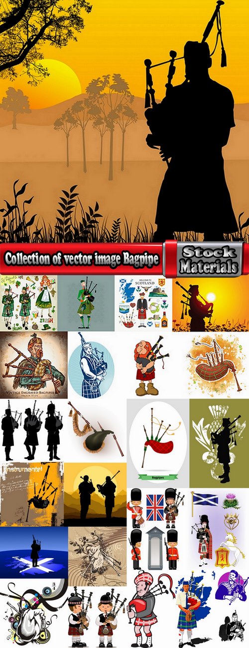 Collection of vector image Ethnic wind instrument Bagpipe 25 Eps
