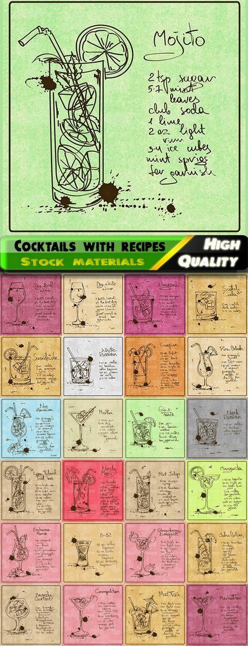 Illustration alcohol cocktails with recipes - 25 Eps