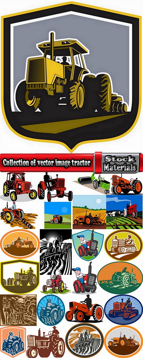 Collection of vector image tractor land cultivation farmer farm field 25 Eps
