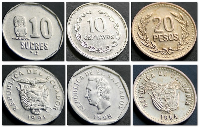 Монеты и купюры мира №126 10 сукре (Эквадор), 10 сентаво (Сальвадор), 20 песо (Колумбия)