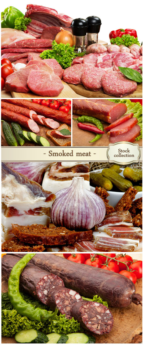 Smoked meat with vegetables on wooden background - Stock photo
