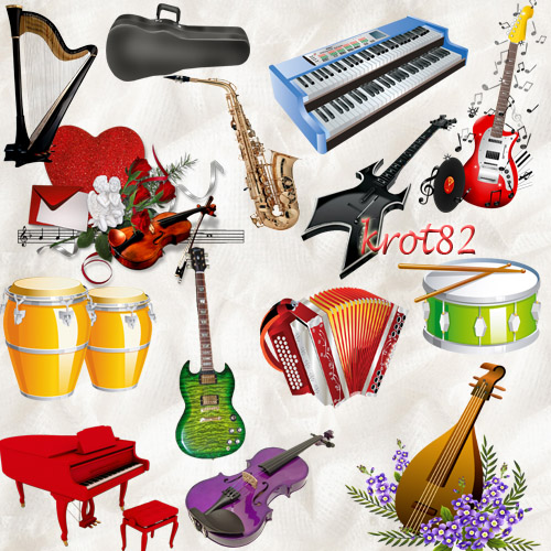 Клипарт на прозрачном фоне – Разнообразные музыкальные инструменты