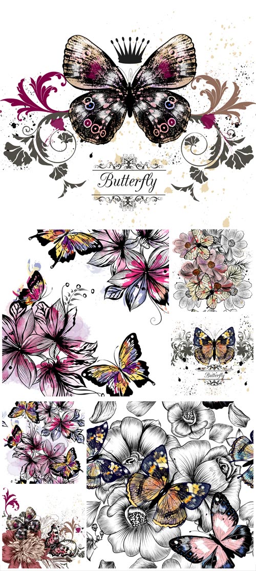 Vector seamless pattern with colorful butterflies and flowers
