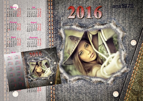 Календарь-рамка для фотошопа на 2016 год с джинсовым фоном 